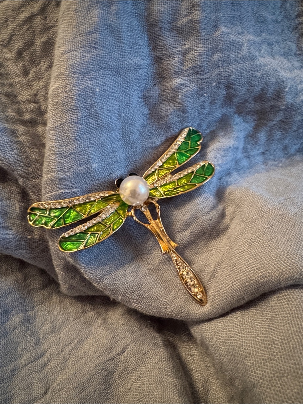 Betsey Johnson Green Enamel Dragonfly Brooch with Pearl Accent